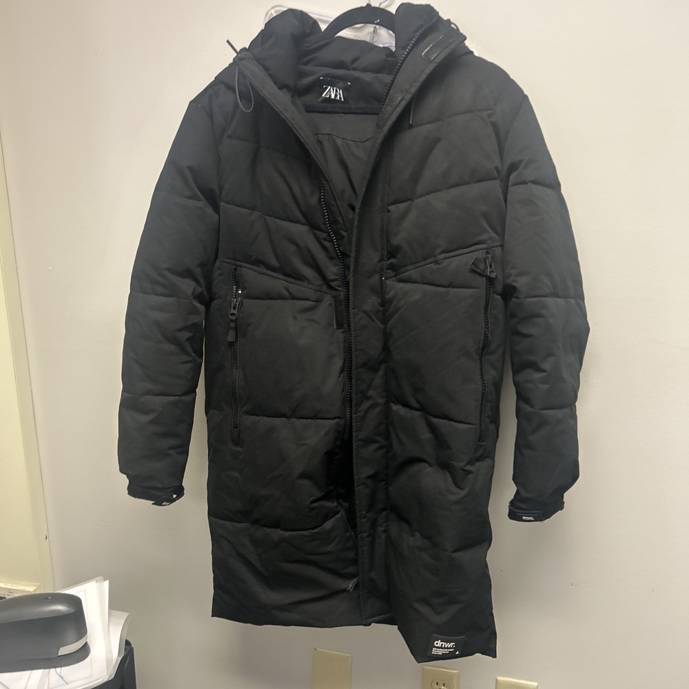 ZARA Black Hooded Quilted Long Puffer Coat Women's Size Small  Down Insulated